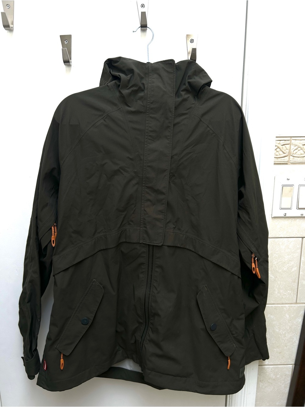 MEC Olive Green Hooded Raincoat with Orange Zipper Pulls